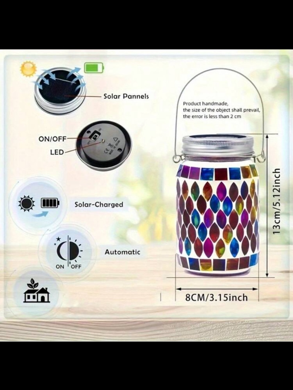 Colorful Mosaic Glass Hanging Solar Lantern- Multicolor Red - Picture 3 of 7